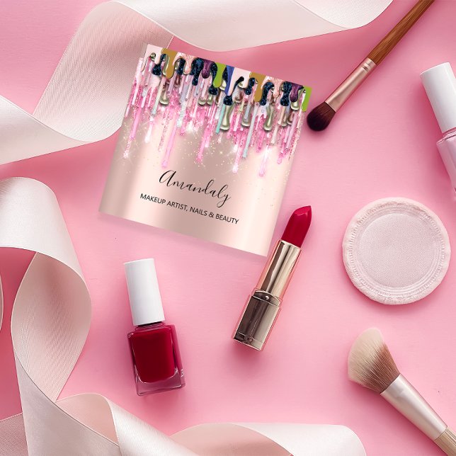 Makeup Artist Nagel Logotyp Ro Glitter Guld Drivru Fyrkantigt Visitkort (Makeup Artist Nails Logo Rose Glitter Gold Drips Square Business Card)