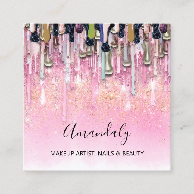 Makeup Artist Nagel Logotyp Ro Glitter Konfetti Fyrkantigt Visitkort (Framsida)