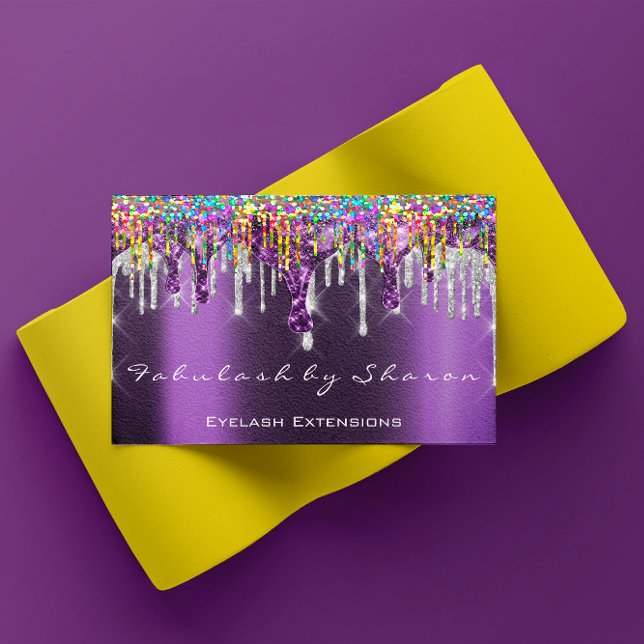 Makeup Artist Nagel Silver Drips Lila Holograph Visitkort (Makeup Artist Nails Silver Drips Purple Holograph Business Card)