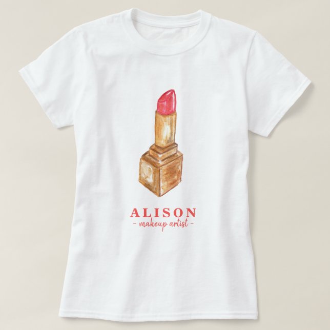 Makeup artist namn målade vattenfärgsläppstift tee shirt (Design framsida)