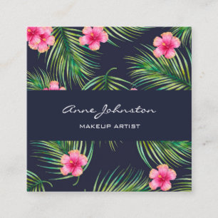 Makeup Artist Navy Grönt Fern Tropical Rosa Flowe Fyrkantigt Visitkort