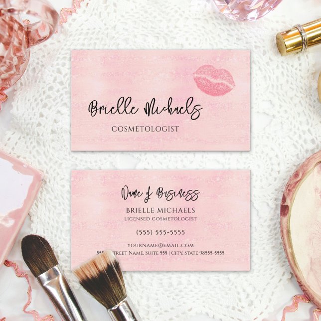 Makeup Artist Pearl Rosa Lipstick Kiss Cosmetology Visitkort (Makeup Artist Pearl Pink Lipstick Kiss Cosmetology Business Cards)
