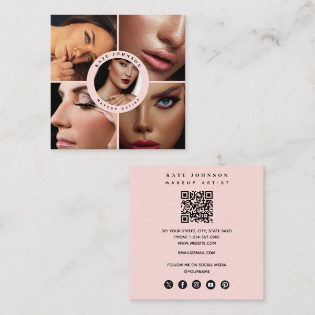 Makeup Artist Photos QR Code Social Media Icons Fyrkantigt Visitkort (Fram/baksida)