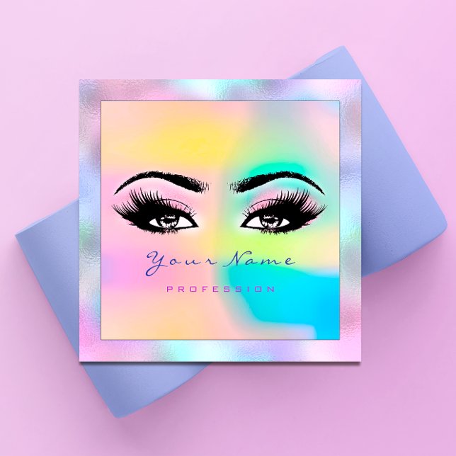 Makeup Artist Professionell Eyeash Holograph Rosa Fyrkantigt Visitkort (Makeup Artist Professional Eyeash Holograph Pink Square Business Card)