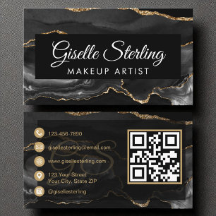 Makeup Artist QR Code Black Guld Agate Luxury Visitkort