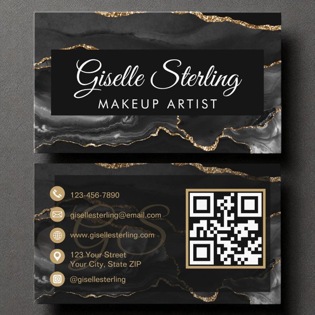 Makeup Artist QR Code Black Guld Agate Luxury Visitkort (Skapare uppladdad)
