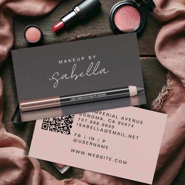 Makeup Artist QR Code Dusty Rosa Charcol Grått Visitkort (Skapare uppladdad)