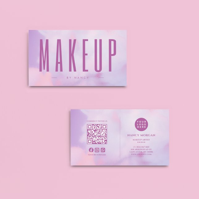Makeup Artist QR Code & Logotyp Lila Holography Visitkort (Skapare uppladdad)