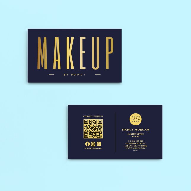 Makeup Artist QR-kod och Logotyp Navy & Guld Visitkort (Skapare uppladdad)