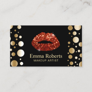 Makeup Artist Red Glitter Läppar Modern Guld Dots Visitkort