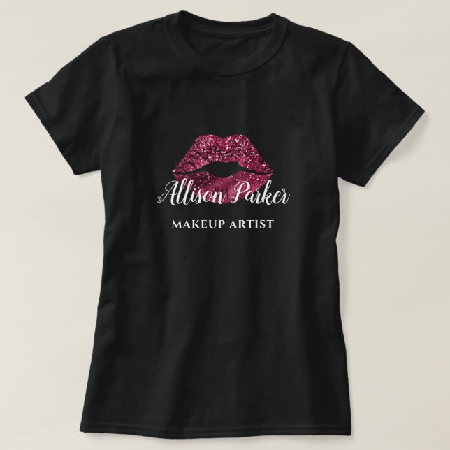MAKEUP ARTIST Red Glitter Logotyp Kiss Namn T Shirt (Design framsida)