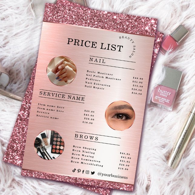 Makeup Artist Ro Guld Glitter Flygblad (Makeup Artist Rose Gold Glitter flyer #zazzlemade #rosegold #pricelist #pinkflyer #glam #sparkle)