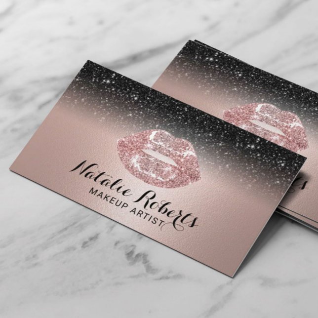 Makeup Artist Ro Guld Läppar Black Glitter Salon Visitkort (Skapare uppladdad)