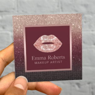 Makeup Artist Ro Guld Läppar Burgundy Red Glitter Fyrkantigt Visitkort
