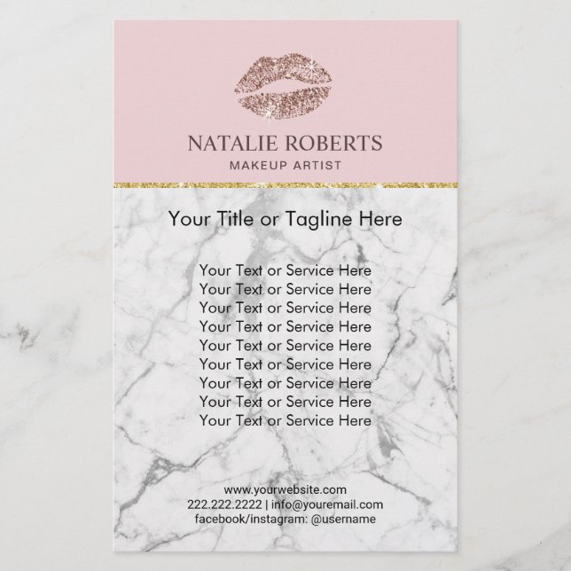 Makeup Artist Ro Guld Läppar Rosa Marble Salon Flygblad (Framsidan)
