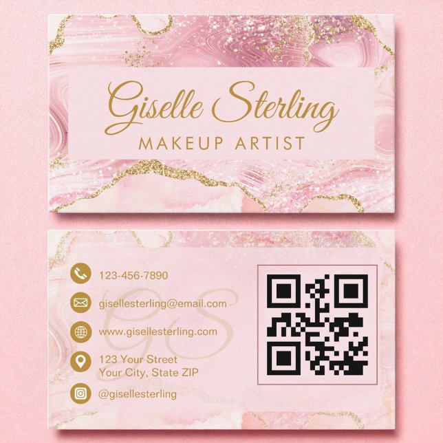 Makeup Artist  Rosa Guld Agate QR-kod Visitkort (Skapare uppladdad)
