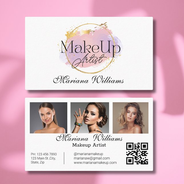 makeup artist rosa guld logotyp, qr-kod 3 foton visitkort (Skapare uppladdad)
