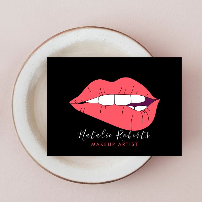 Makeup Artist Rosa Läppar & Black Beauty Salon Visitkort (Skapare uppladdad)