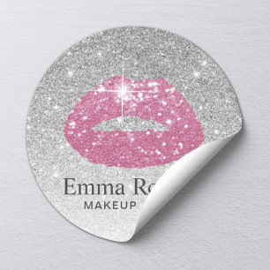 Makeup Artist Rosa Läppar Modern Silver Glitter Runt Klistermärke