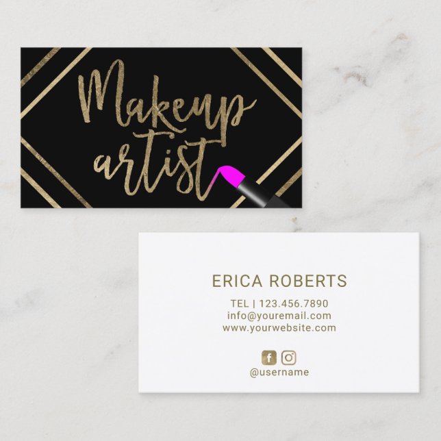 Makeup Artist Rosa Lipstick Modern Guld Typografi Visitkort (Fram/baksida)