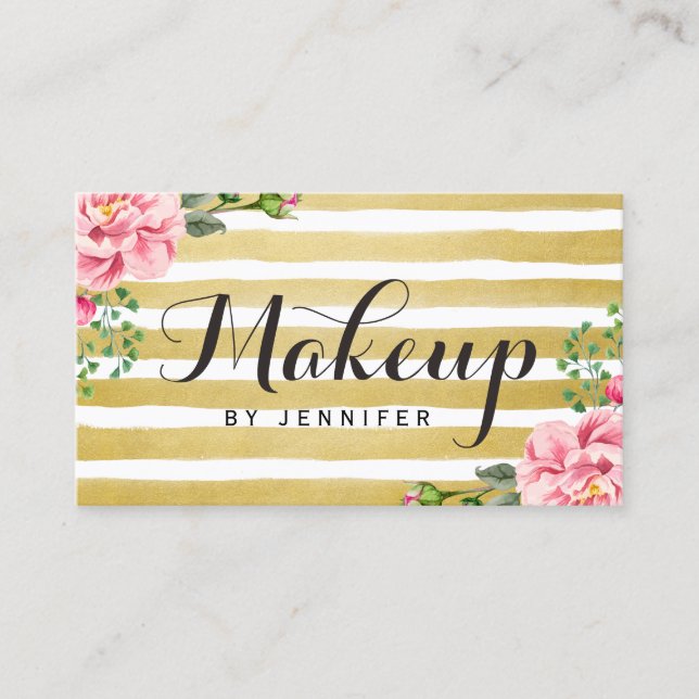 Makeup Artist Script Classy Blommigt Guld Stripe Visitkort (Framsida)
