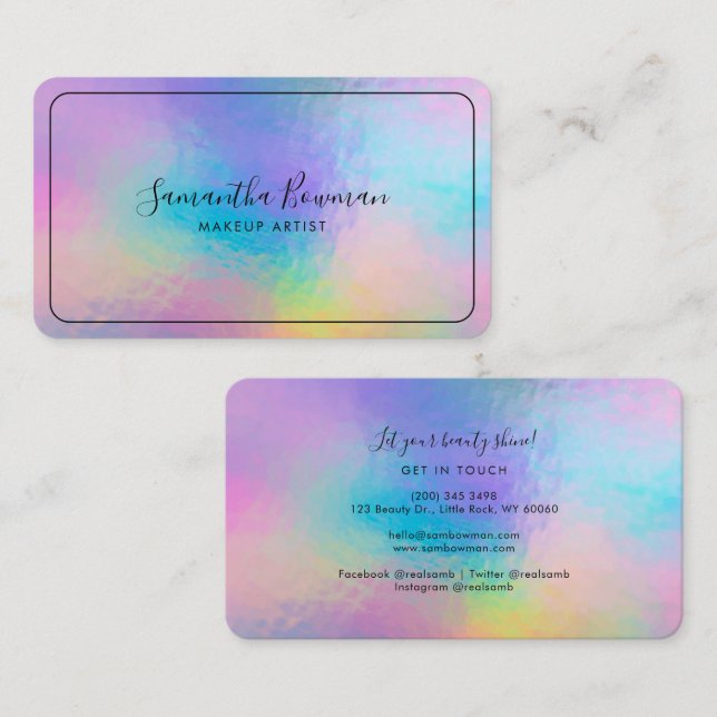 Makeup Artist Script Modern Faux Holografik Visitkort (Fram/baksida)