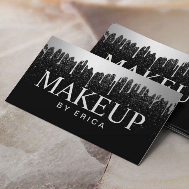 Makeup Artist Silver Drifts Trendig Black Glitter Visitkort (Skapare uppladdad)