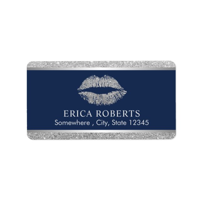 Makeup Artist Silver Glitter Läppar Navy Blue Salo Adressetikett (Framsidan)