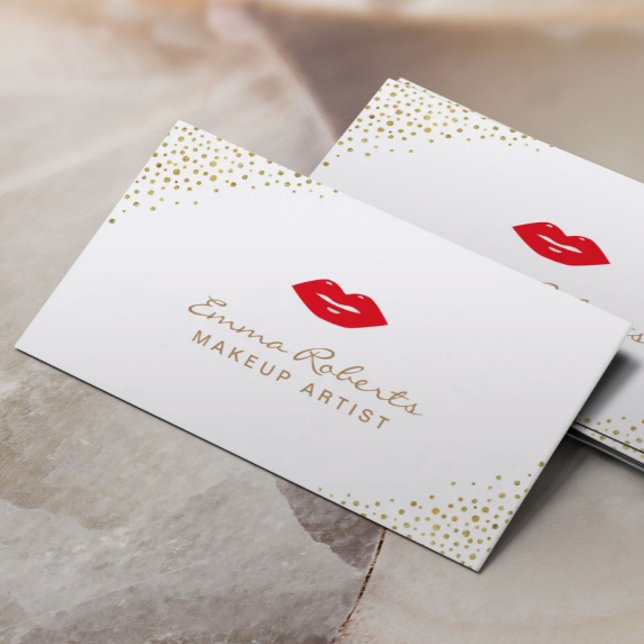 Makeup Artist Simple Red Läppar Guld Confetti Dots Visitkort (Skapare uppladdad)