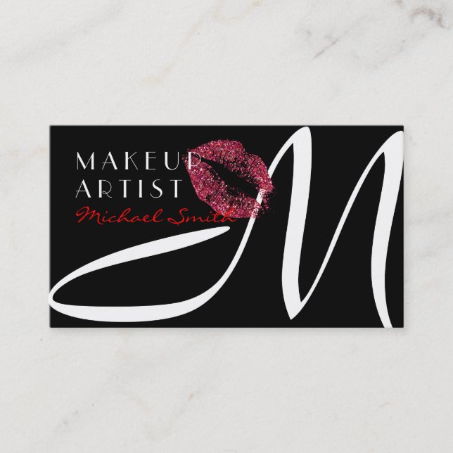 Makeup Artist Snyggt Red Läppar Monogram Visitkort (Framsida)