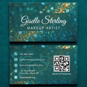 Makeup Artist Teal Guld Glitter Opal QR-kod Visitkort