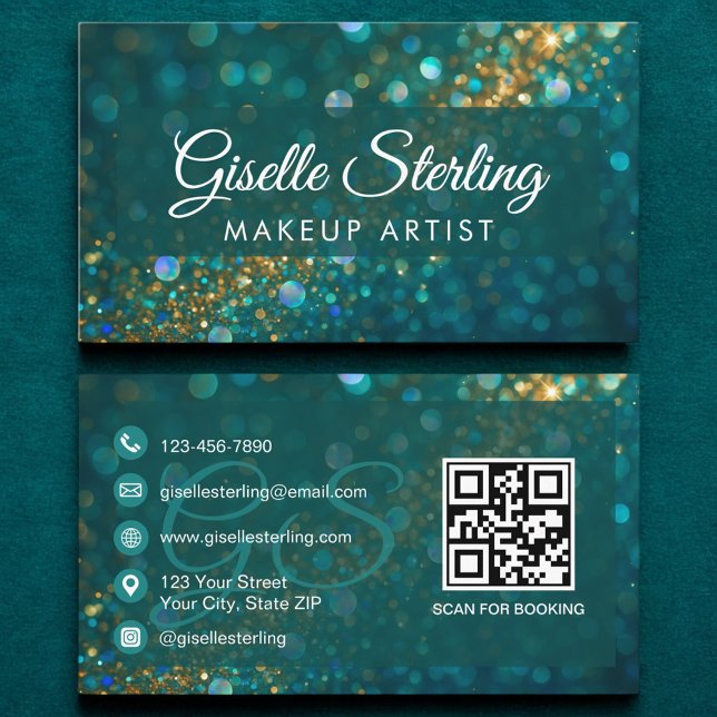 Makeup Artist Teal Guld Glitter Opal QR-kod Visitkort (Skapare uppladdad)