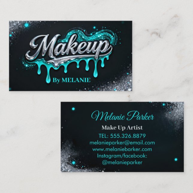Makeup Artist Teal Silver Drips Trendy Glitter Visitkort (Fram/baksida)