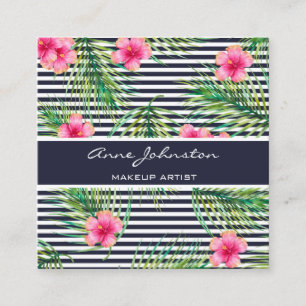 Makeup Artist Tropical Rosa Flower Fern Navy Linje Fyrkantigt Visitkort