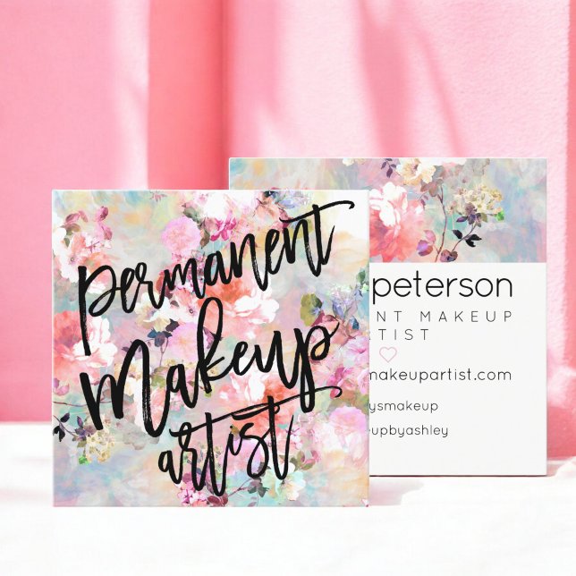 Makeup artist typography modern blommigt vattencol fyrkantigt visitkort (Makeup artist typography modern floral watercolor square business card)