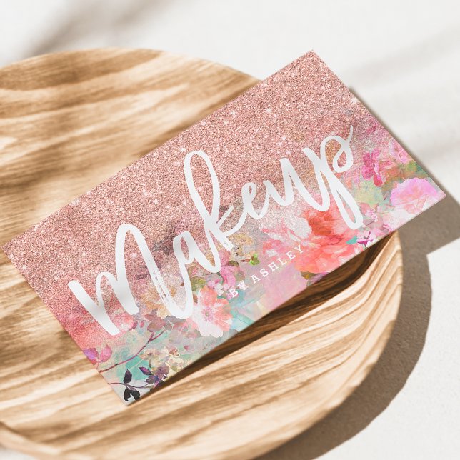 Makeup artist typography ro guld glitter blommigt visitkort (Skapare uppladdad)