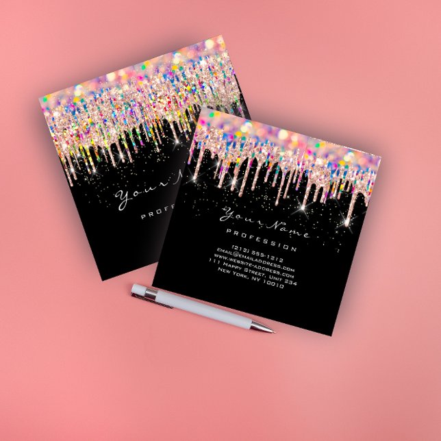 Makeup Artist Unicorn Black Holograph Unicorn Blue Fyrkantigt Visitkort (Makeup Artist Unicorn Black Holograph Unicorn Blue Square Business Card)