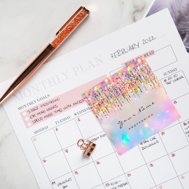 Makeup Artist Unicorn Rainbow Holograph Drifts Fyrkantigt Visitkort (Makeup Artist Unicorn Rainbow Holograph Drips Square Business Card)