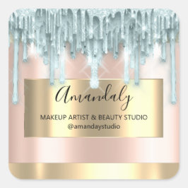 Makeup Beauty Glitter Guld Framed Boutique Blue Fyrkantigt Klistermärke