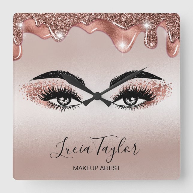 Makeup Beauty Lash Ro Guld Drives Glitter Fyrkantig Klocka (Framsida)