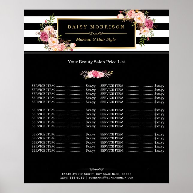 Makeup Beauty Salon Guld Blommigt Rand Pris List Poster (Framsidan)
