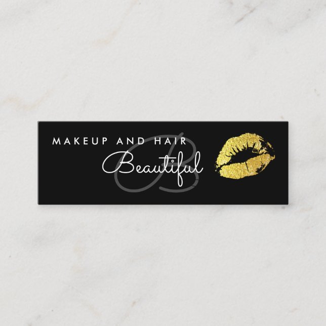 Makeup Beauty Salon Monogram Guld Läppar Black Mini Visitkort (Framsida)