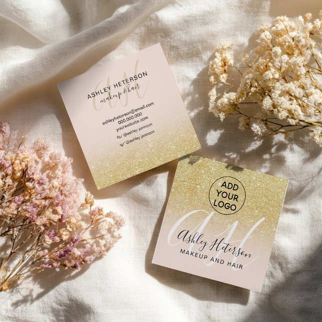 Makeup  chic guld glitter logotyp monogram fyrkantigt visitkort (Makeup blush chic gold glitter logo monogram square business card)