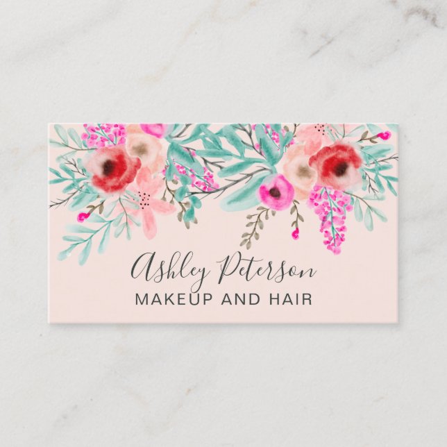 Makeup  chic mynta rosa blommigt vattenfärg visitkort (Framsida)