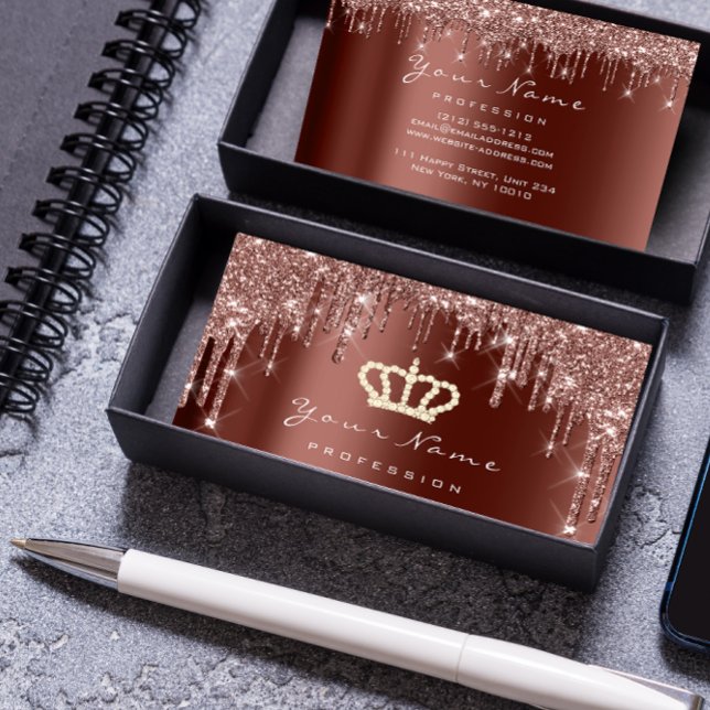 Makeup-evenemangsplanerare Glitter Ro Krona Brown Visitkort (Makeup Event Planner Glitter Rose Crown Brown Business Card)