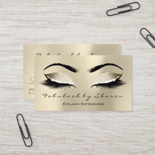 Makeup Eyebrow Lash Extension Glitter Champaigne Visitkort (Fram/Back In Situ)
