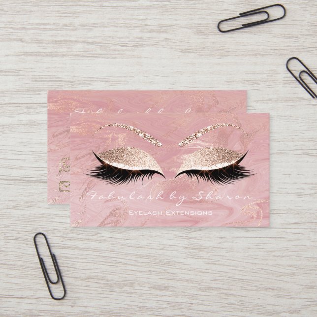 Makeup Eyebrow Lash Extension Glitter Marble Rosa Visitkort (Fram/Back In Situ)