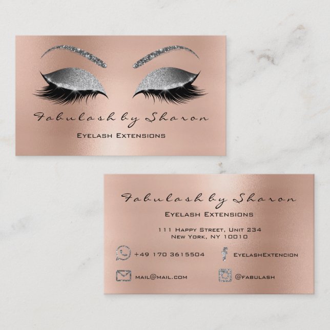 Makeup Eyebrow Lash Glitter Diamond Rosa Silver Visitkort (Fram/baksida)