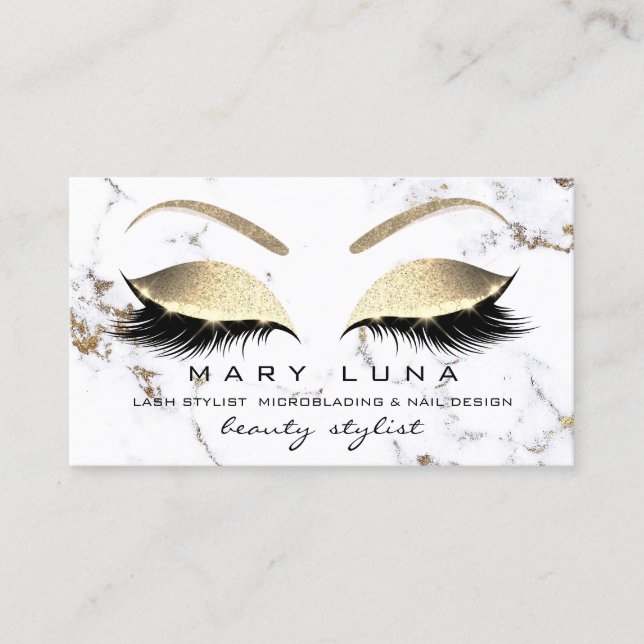 Makeup Eyebrows Lash Guld Marble White Glitter Visitkort (Framsida)