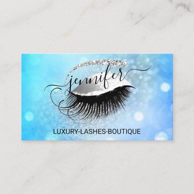 Makeup Eyelash QR Logotyp Glitter Blue Silver Visitkort (Framsida)